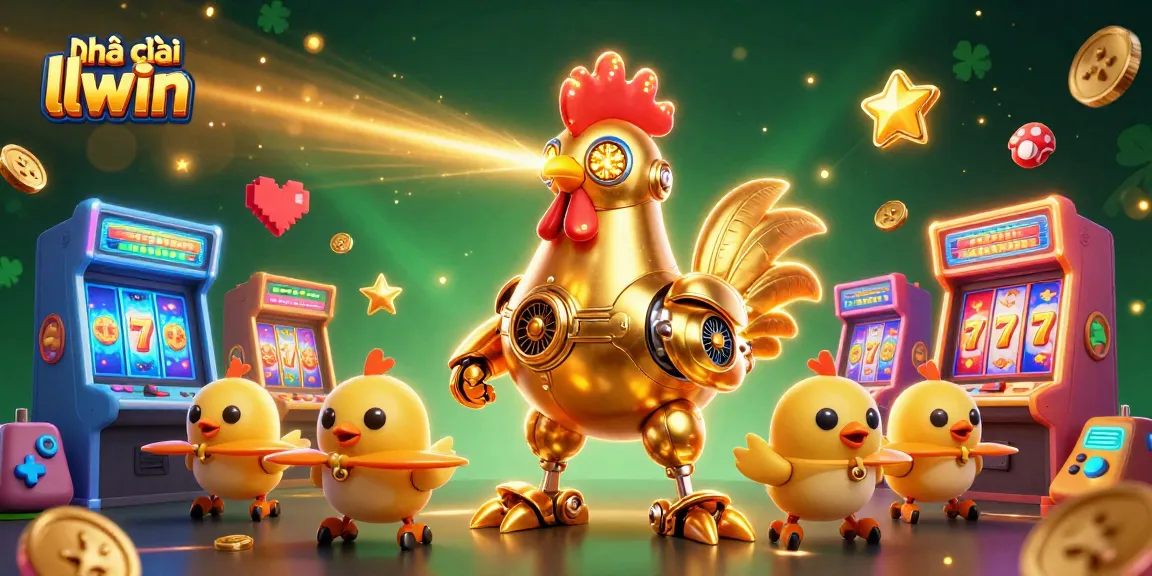 Experience the excitement of Nhà cái llwin with a vibrant 3D casino illustration featuring golden rooster robots and gaming elements.