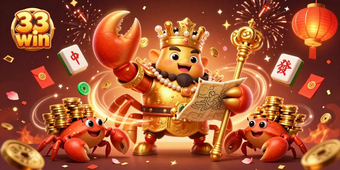 Spin to win big at 33 win with a vibrant 3D casino scene featuring our golden crab emperor!