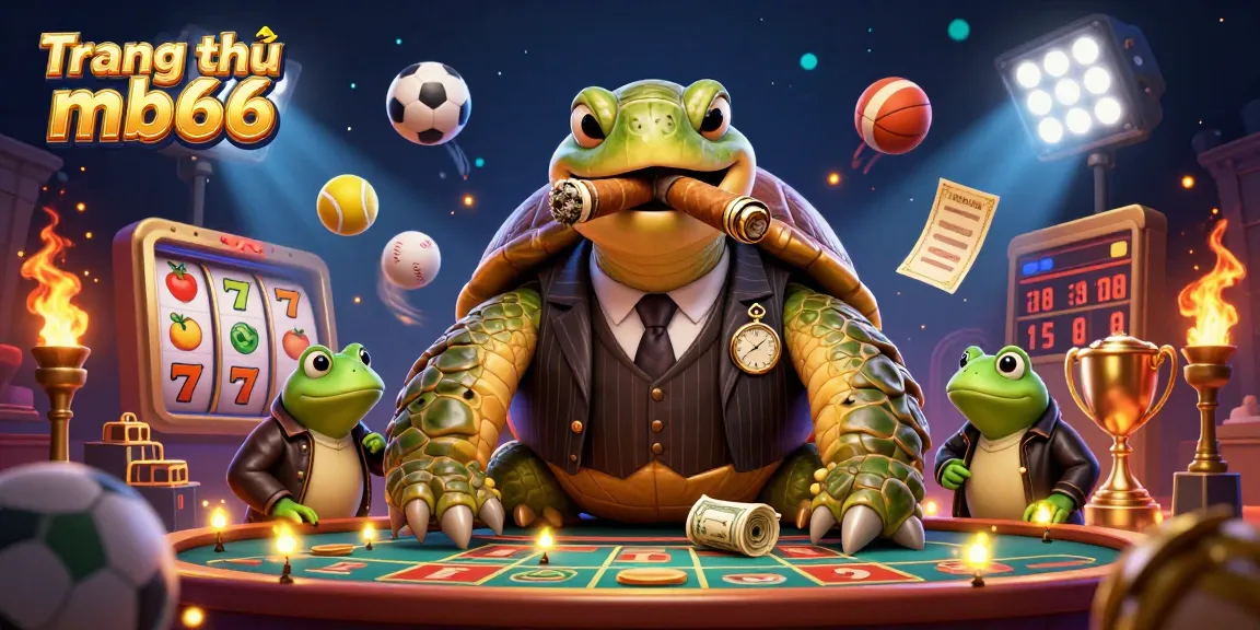 Engage with fun at Trang chủ mb66, featuring a 3D turtle in a casino scene with lively game elements.