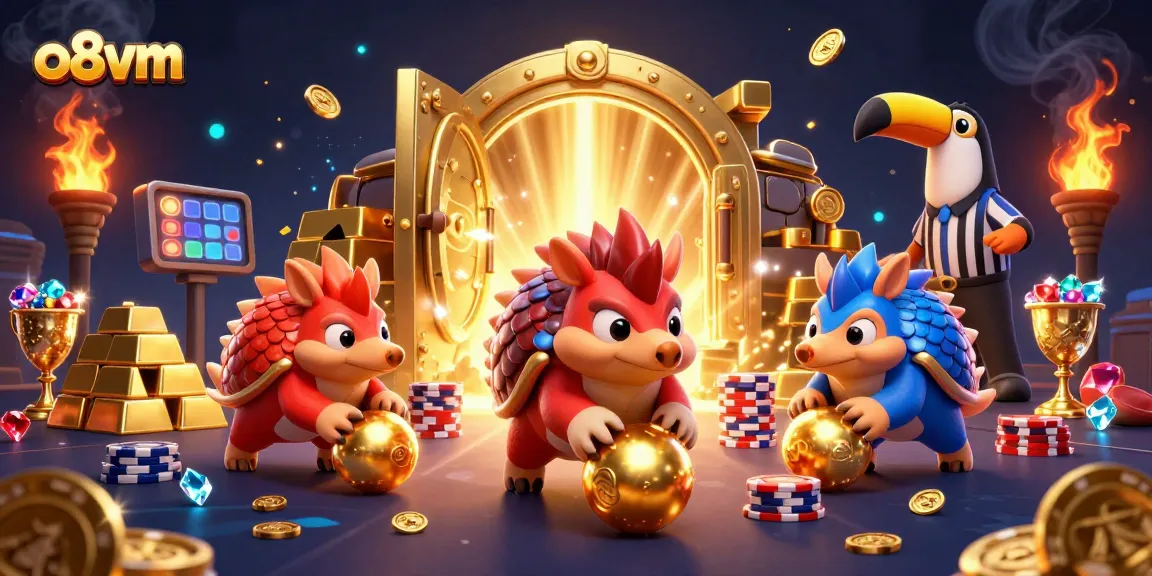 o8vm pangolins compete in a vibrant casino scene, surrounded by golden treasures and poker chips.