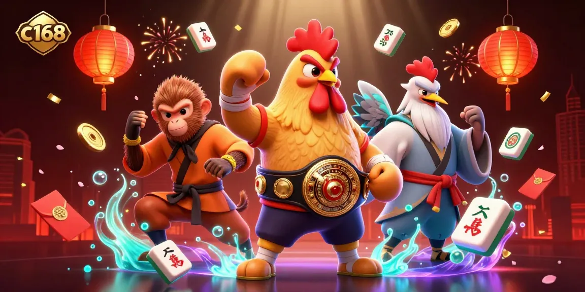 Experience the thrill of c168 gaming with a dynamic 3D illustration showcasing a rooster, monkey, and crane amidst casino elements.