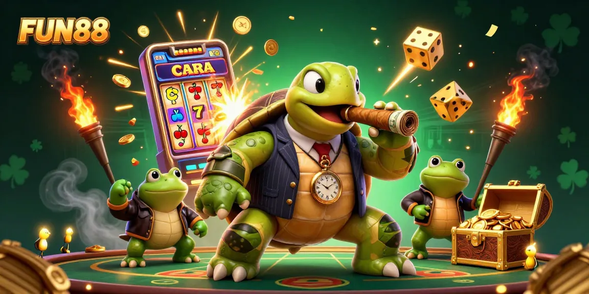 Experience FUN88's vibrant casino adventure with a snapping turtle mobster amidst winning slot machines and sparkling treasures.