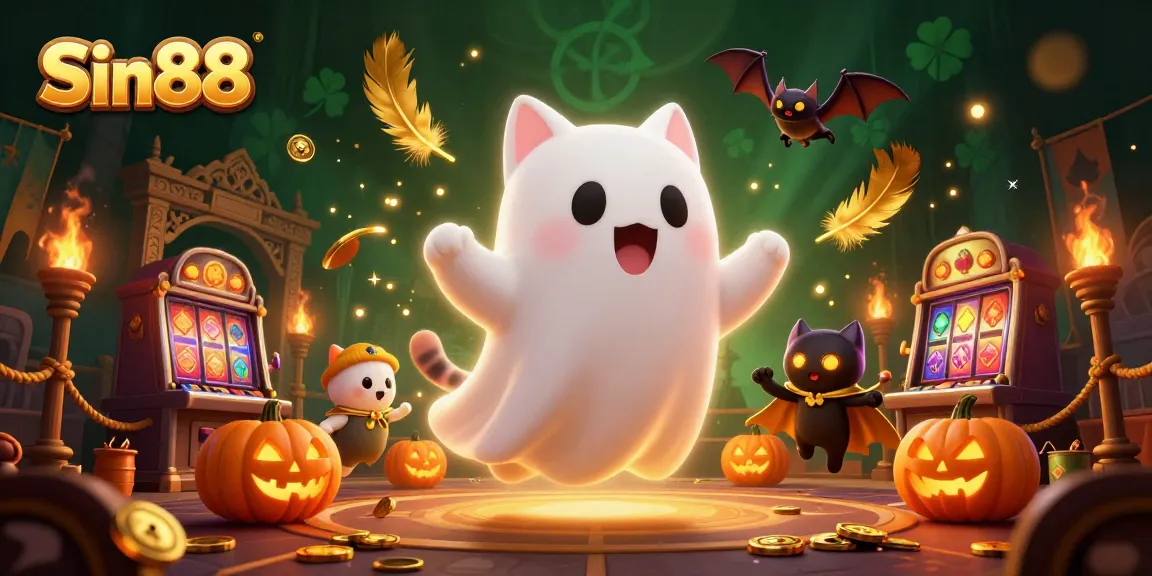 Engage with thrilling slots at Sin88 as a ghost cat explores a haunted casino.