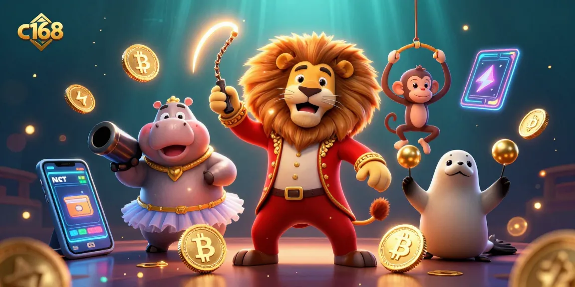 Experience the excitement of c168 with a vibrant circus-themed casino scene featuring colorful characters and crypto elements.