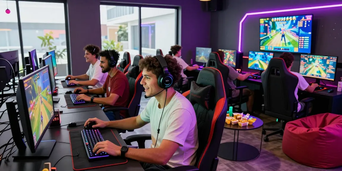 Exciting gaming atmosphere at https://snickernames.com with friends enjoying multiplayer experiences in a vibrant digital center.