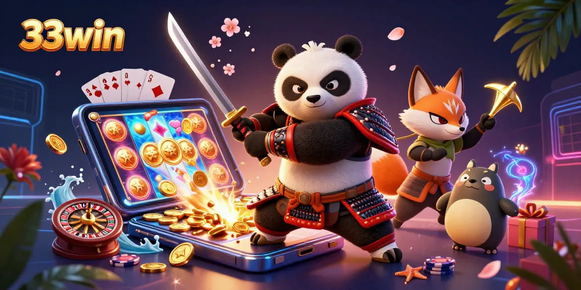 Engage with 33win's exciting gaming scene featuring dynamic characters, poker chips, and vibrant casino elements.