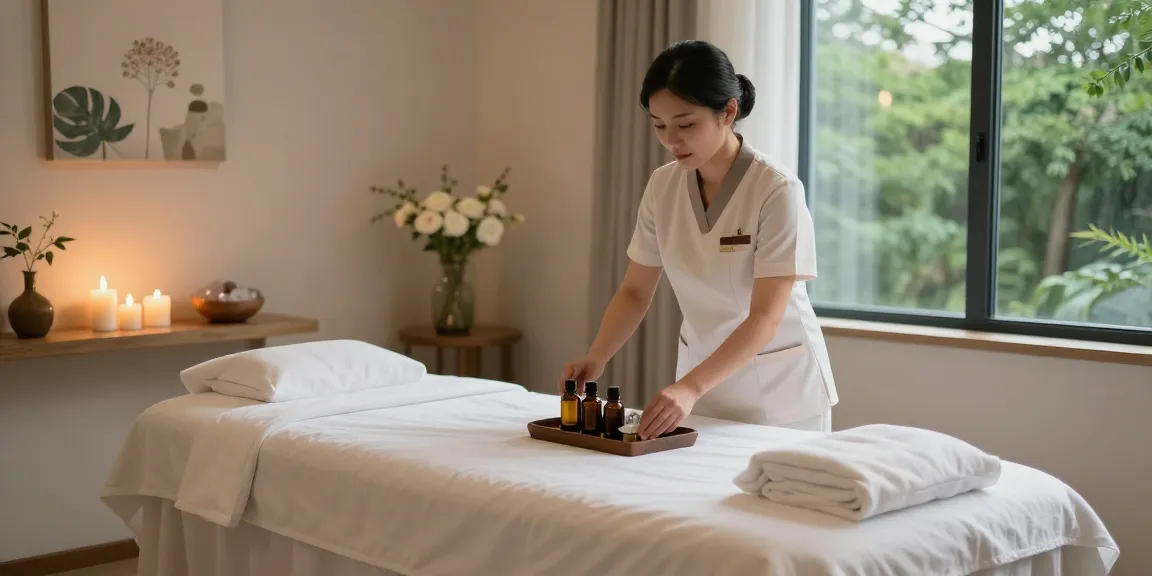 Relaxing 강남여성전용마사지 spa setting with a therapist preparing essential oils in a serene treatment room.