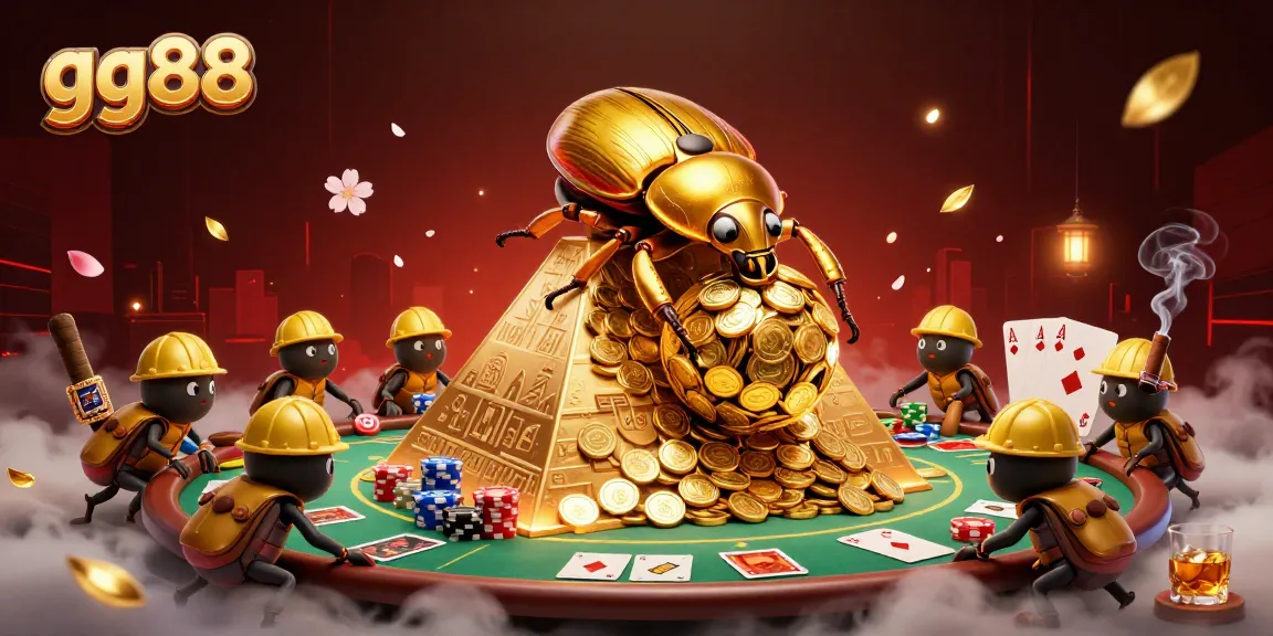 Experience the thrill of gg88 casino with golden beetles rolling coins in a vibrant 3D scene.